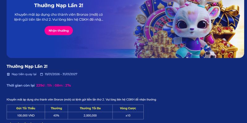 Thưởng nạp lần 2 cho thành viên HappyLuke